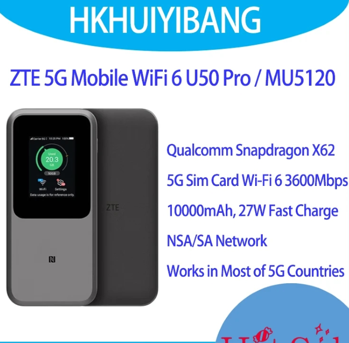 ZTE MU5120 5G Portable WiFi U50 Pro 10000mah 27W Fast Charge WiFi 6 3600Mbps Mobile Hotspot 5G Router Sim Card Slot