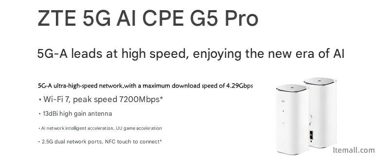 ZTE G5 Pro MC8512 5G CPE Router AI 5G FWA WiFi7 BE7200